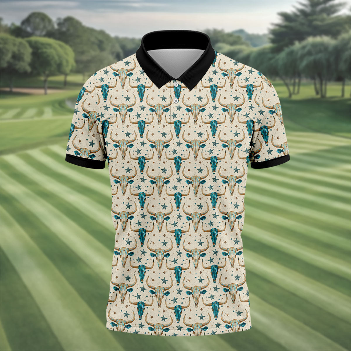 Cow Skulls Turquoise And Beige Western Theme Golf Tops For Men, Polo Shirts For Men, Golf Shirts For Men