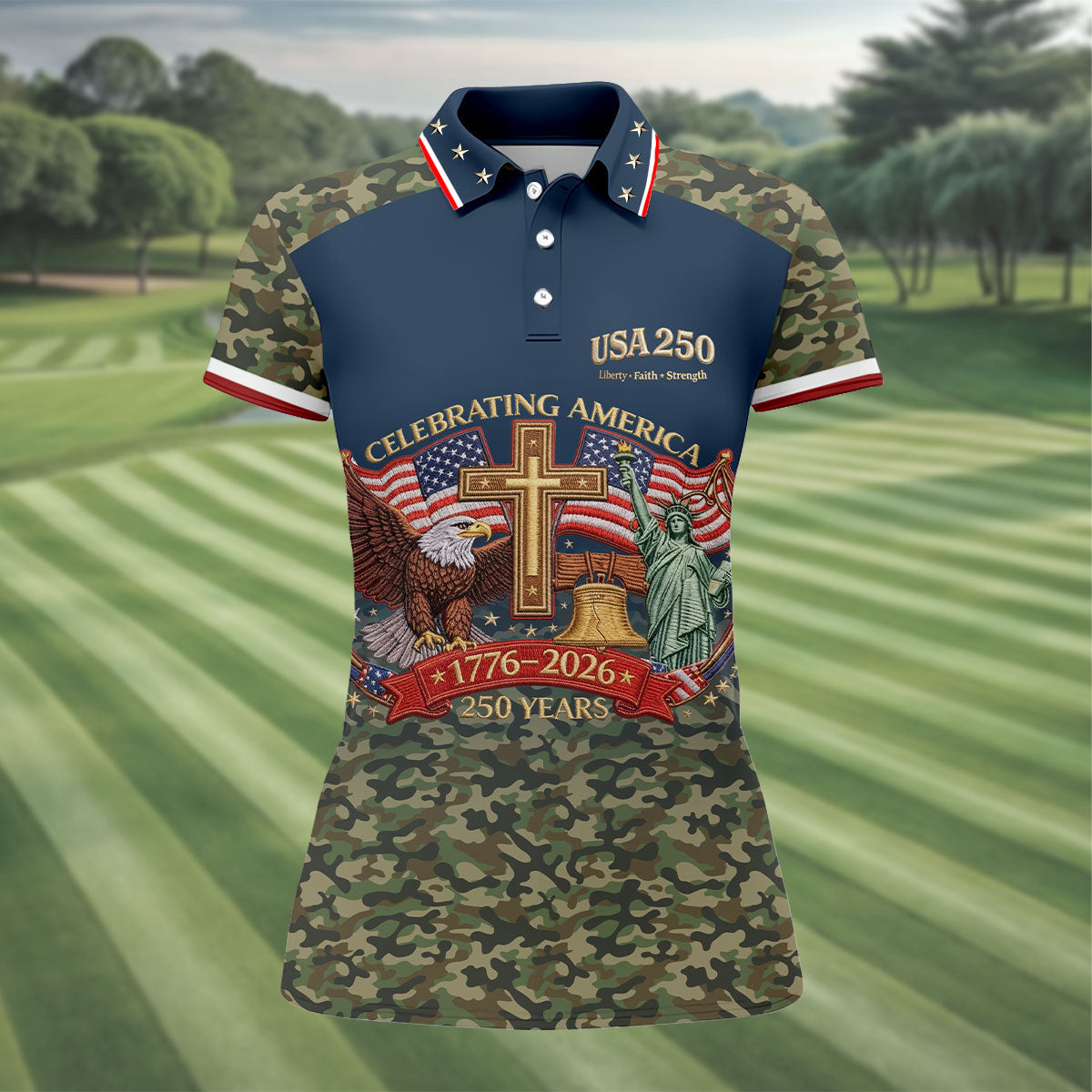 Liberty Faith Strength Faith Cross USA 250 Navy Camo Golf Shirt, 4th Of July Golf Shirt For Women