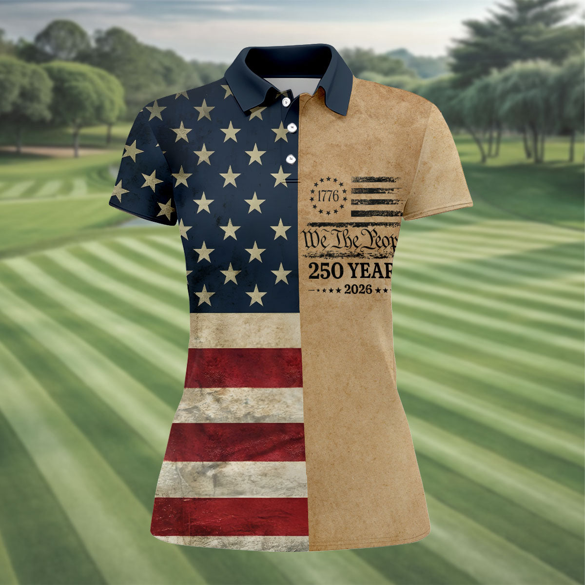 We The People 250 Years US Flag Pattern Patriotic Golf Shirt, 4th Of July Golf Shirt For Women