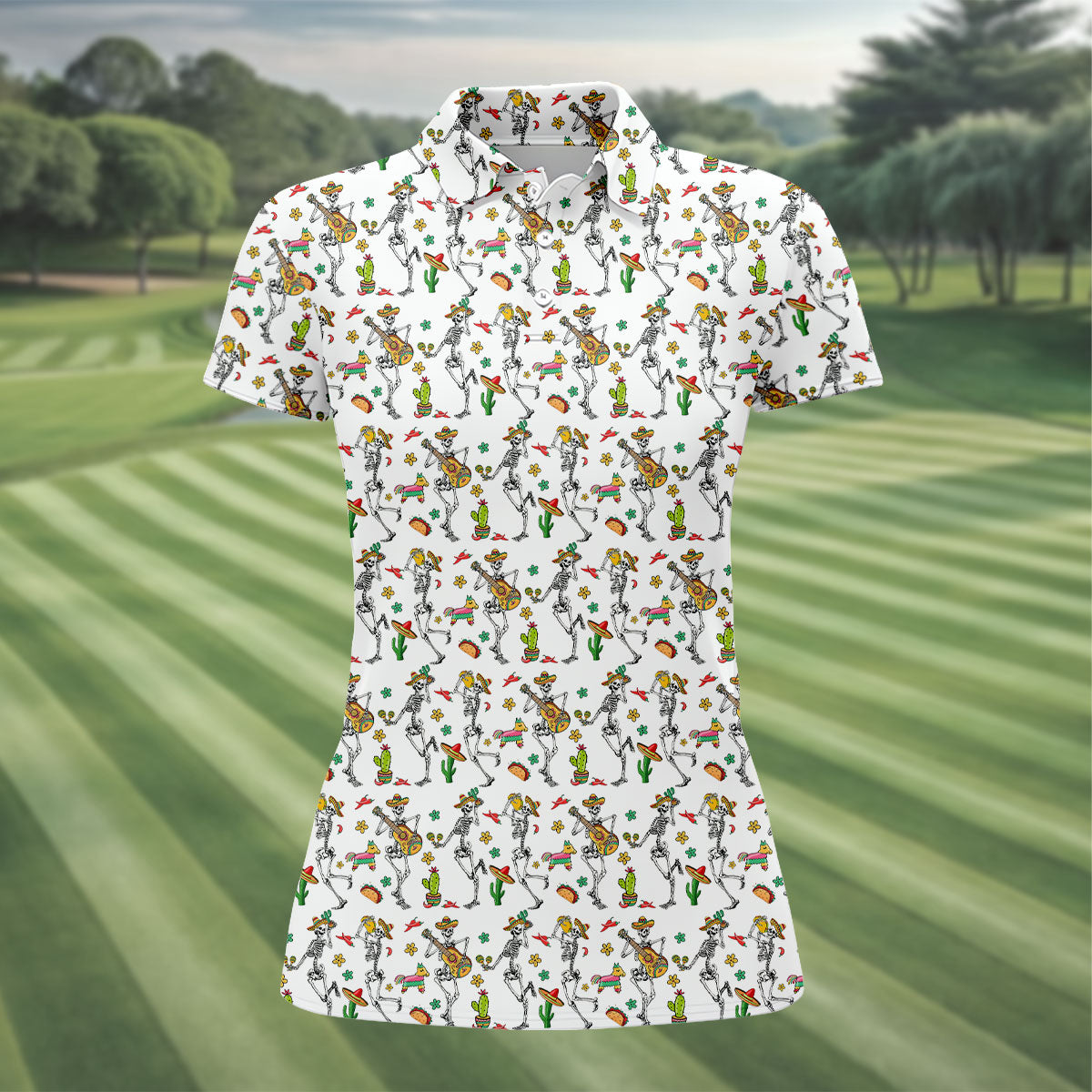 Dia De Muertos Skeletons Cinco De Mayo Celebration Fiesta Themed White Golf Shirt For Women