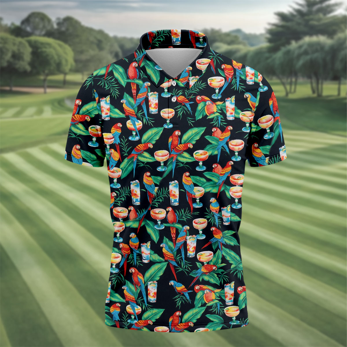 Colorful Parrots Margaritas Cinco De Mayo Celebration Fiesta Themed Tropical Pattern Golf Shirts For Men