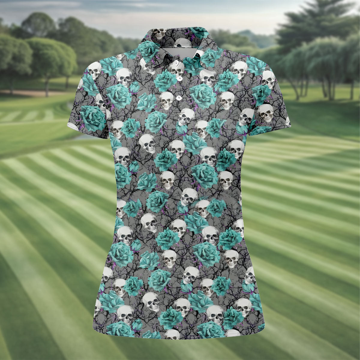 Teal Rose Skull Gothic Pattern Golf Polo Shirt, Ladies Golf Shirt, Golf Polo For Women