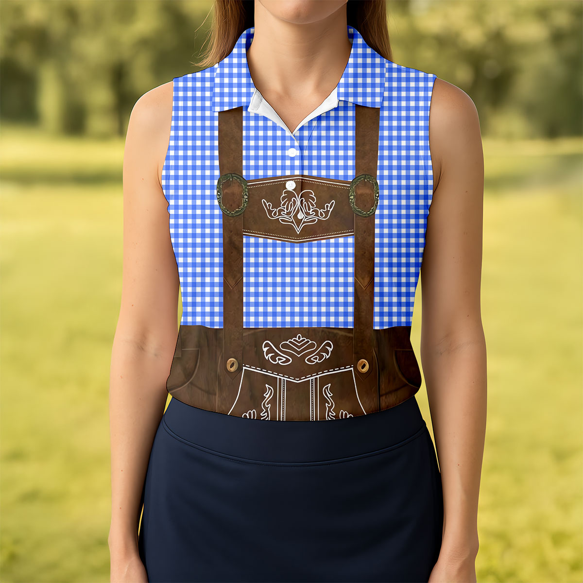Women's Blue Oktoberfest Lederhosen Illusion Sleeveless Golf Polo, Women’s Golf Tops, Ladies Golf Shirts