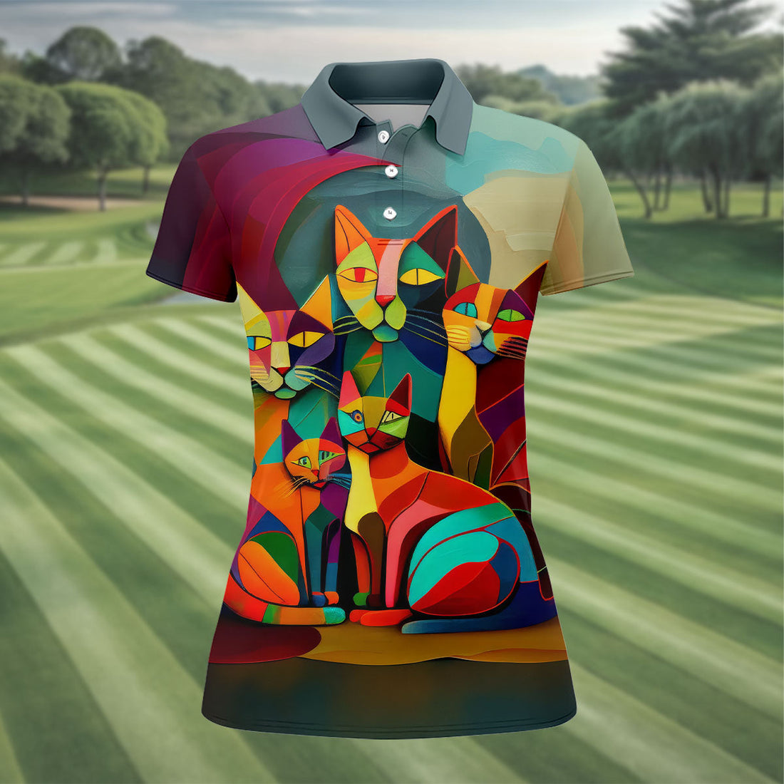 Abstract Colorful Cat Halloween Golf Polo Shirt, Women's Golf Tops, Golf Polo For Women