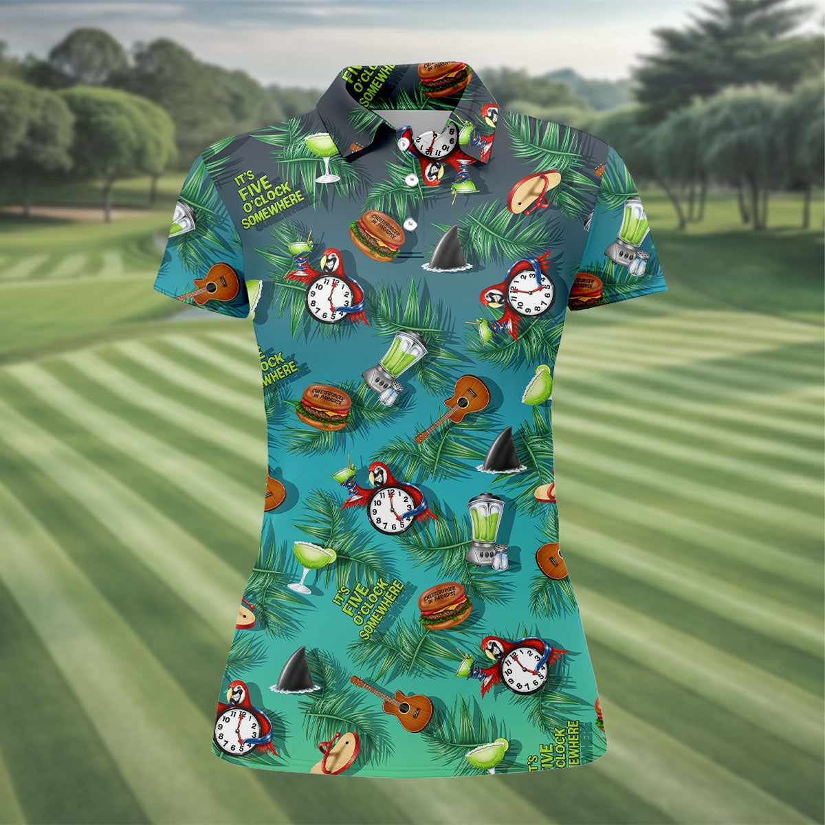 Teal Tropical Cocktail Parrot Pattern Golf Polo Shirt, Golf Shirts For Women, Women's Golf Polo