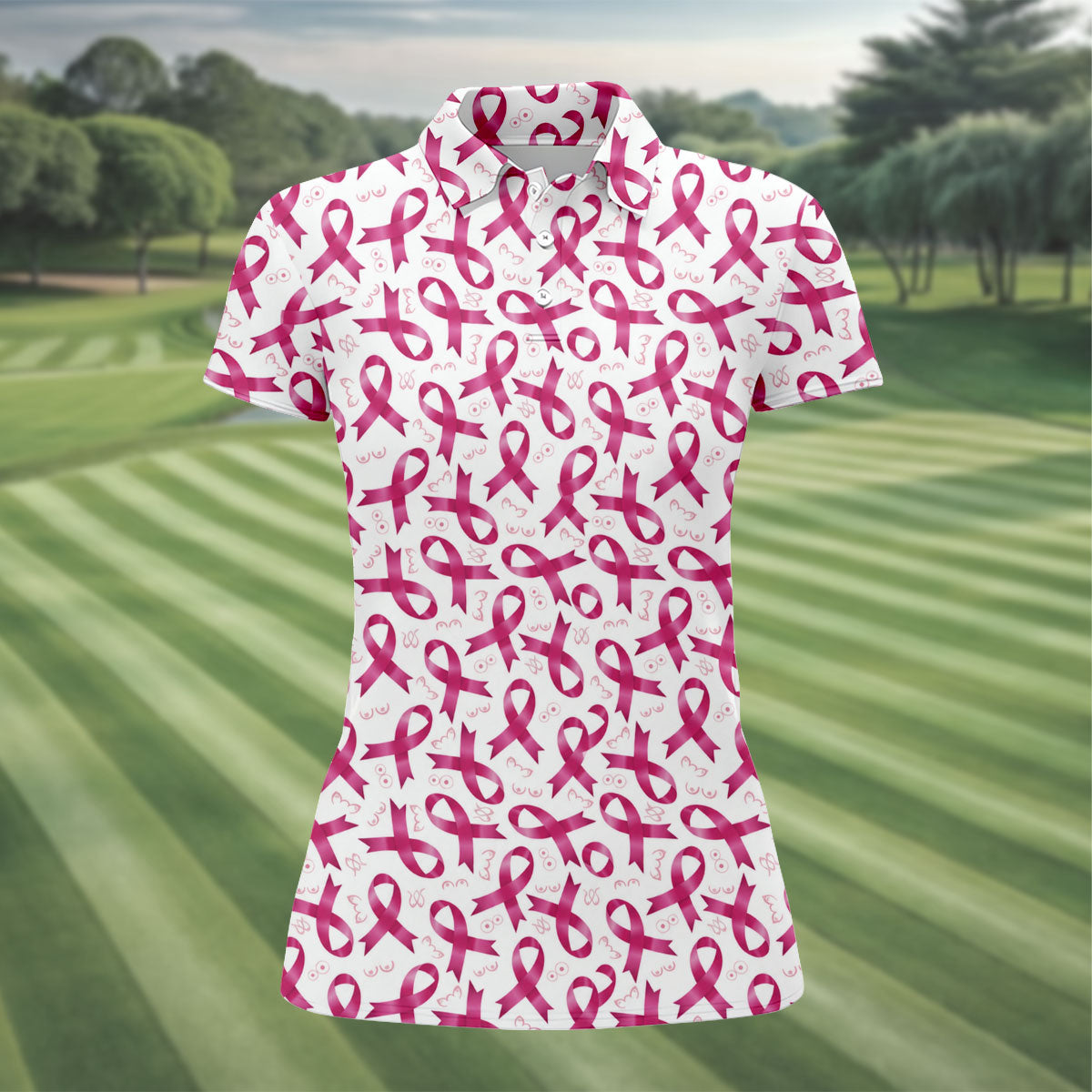 Glossy Pink Ribbon Breast Cancer Polo Shirt, Women’s Golf Polo, Ladies Golf Shirts