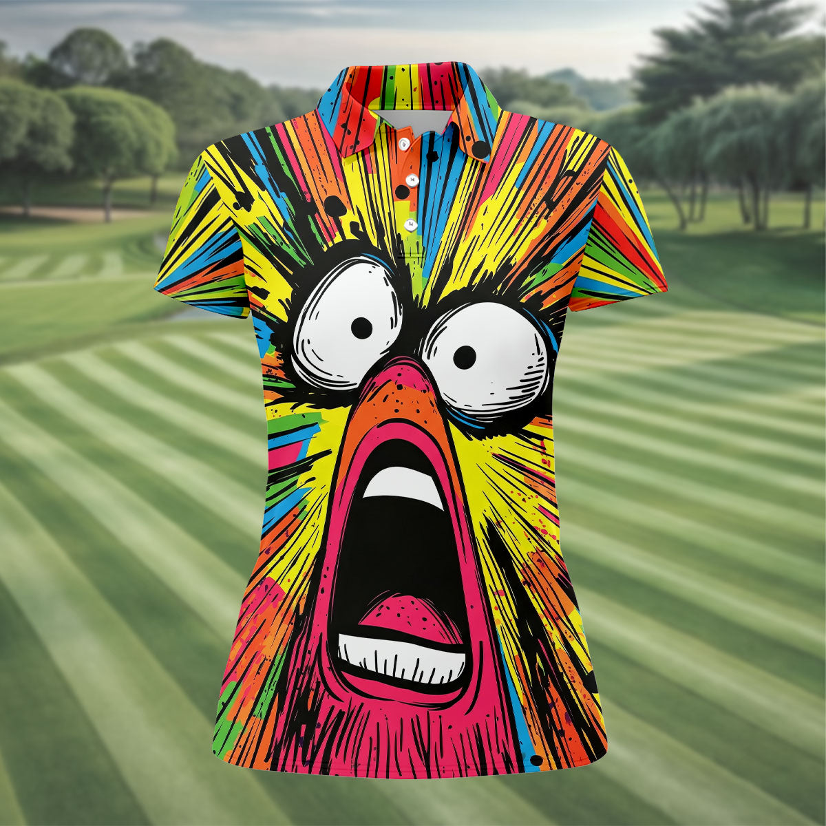 Screaming Face Colorful Retro Hawaiian Golf Shirt, Fun Women's Golf Shirts