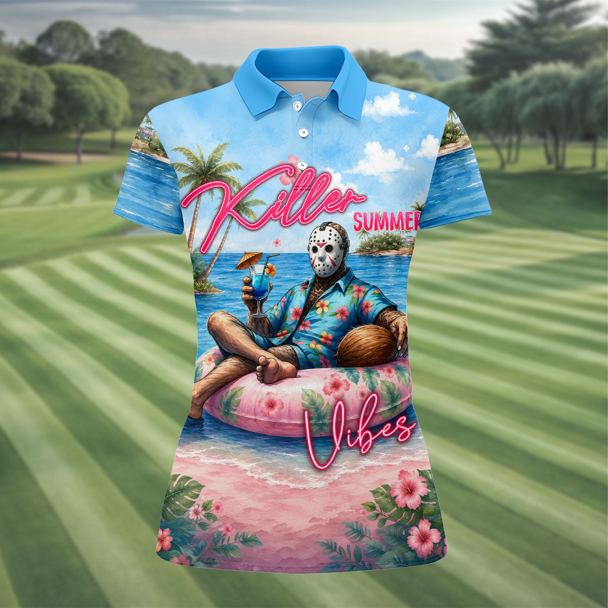 Killer Summer Vibes Hockey Mask Slasher Golf Polo Shirt, Women's Golf Polo, Ladies Golf Tops