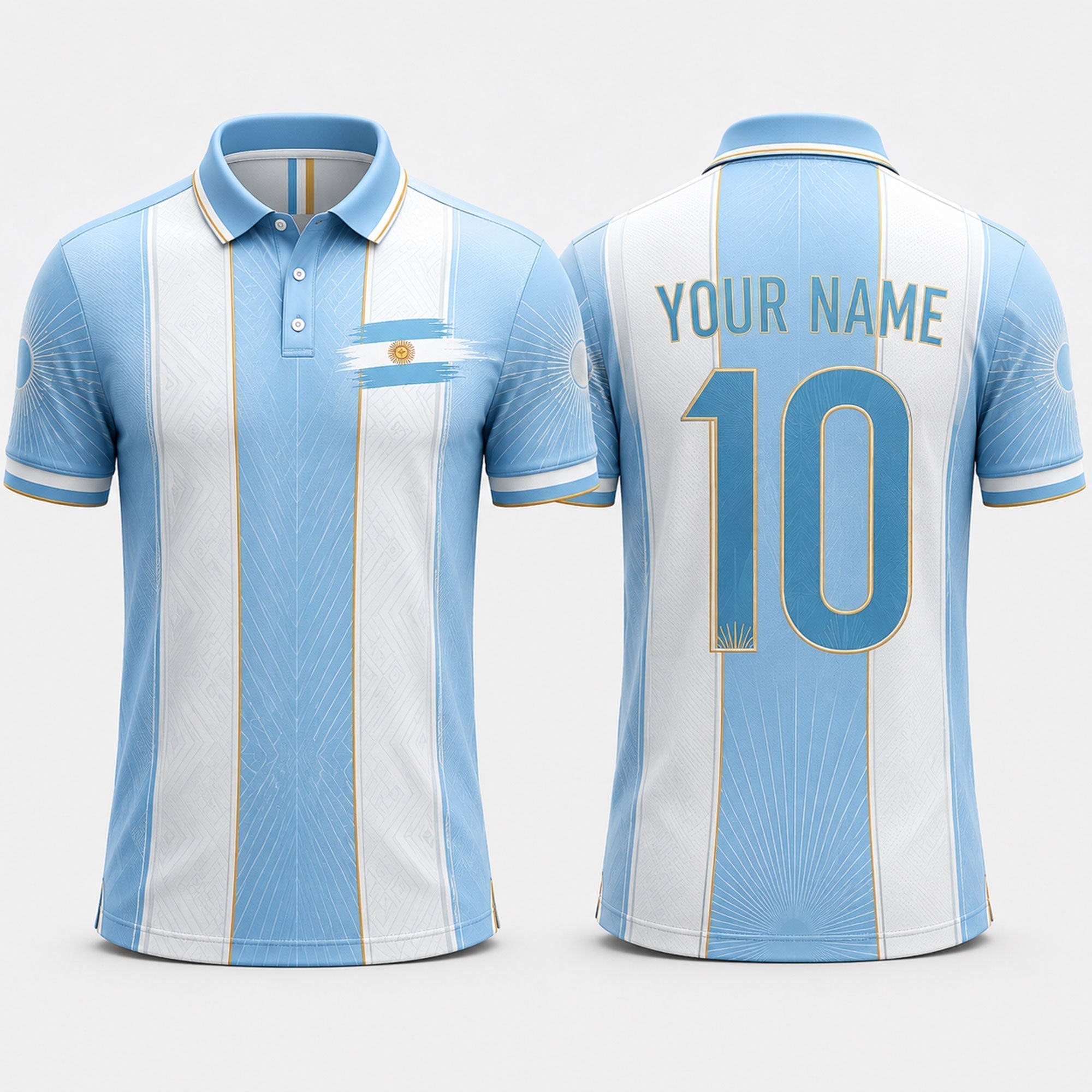 Argentinian Flag Sun Fooball Shirt, White Blue Stripes V-Neck For Men, Father's Day Presents