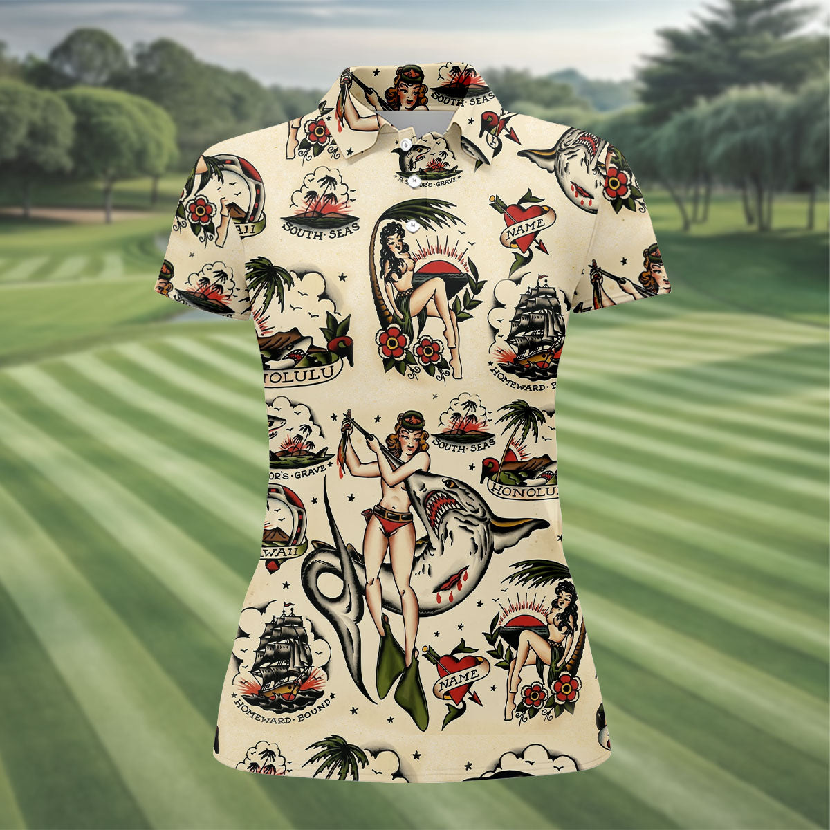 Vintage Hawaiian Pin Up Shark Tattoo Golf Shirt, Ladies Golf Shirts, Women’s Golf Apparel
