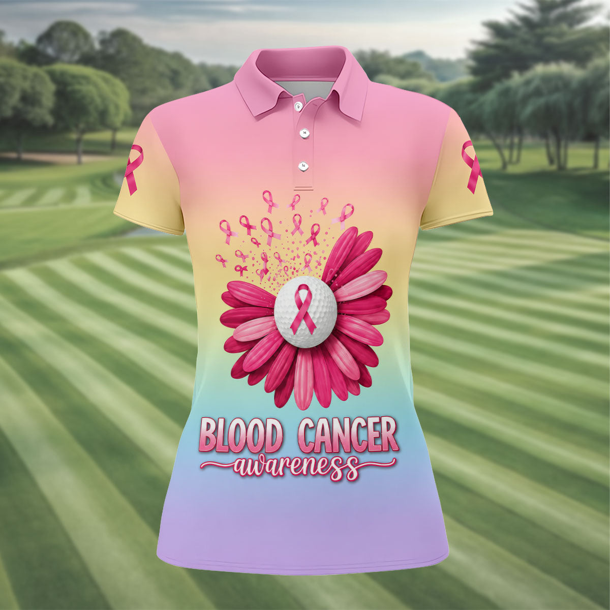 Blood Cancer Awareness Flower Golf Polo Shirt, Women's Golf Tops, Women's Golf Apparel