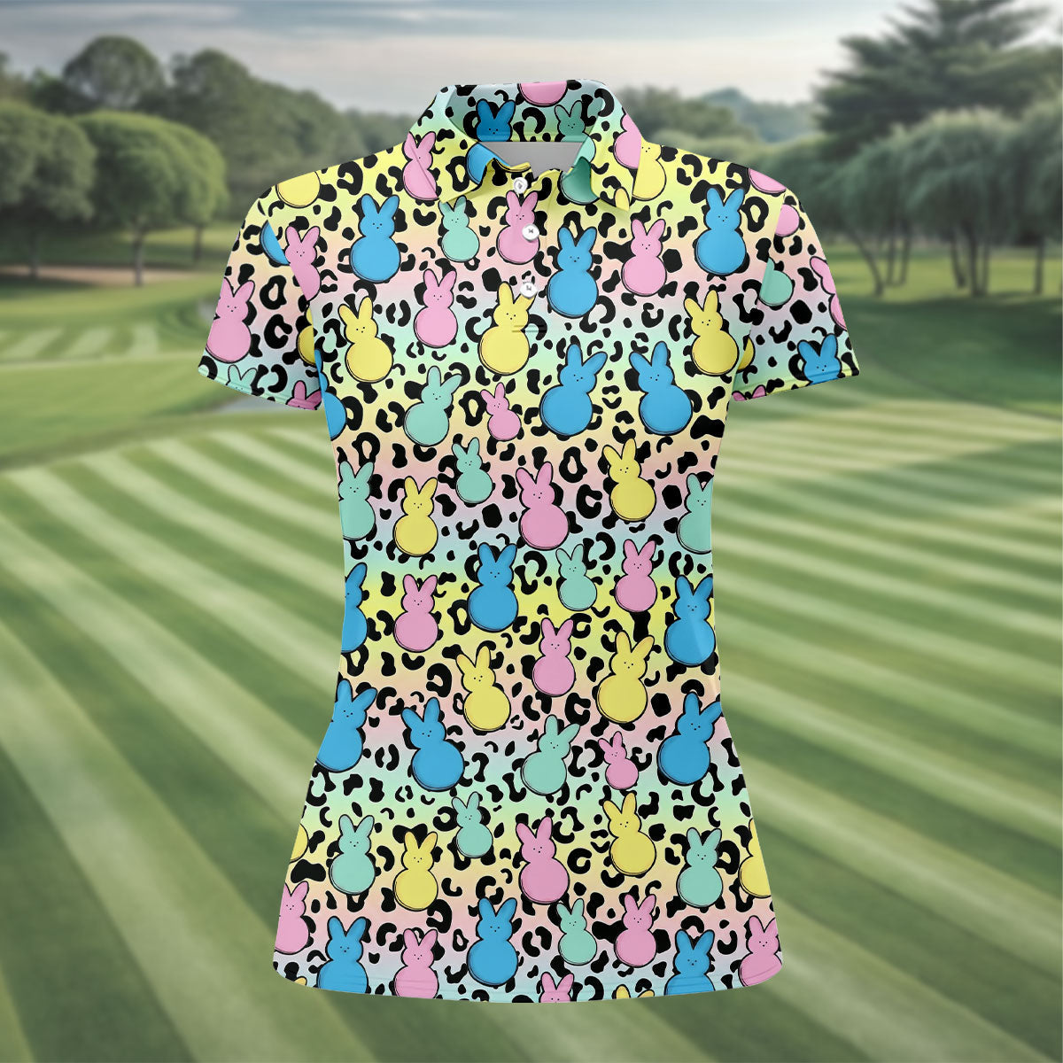 Pastel Easter Bunny Leopard Print Polo Shirt, Women’s Golf Apparel, Hawaiian Golf Shirt, Printed Golf Shirt