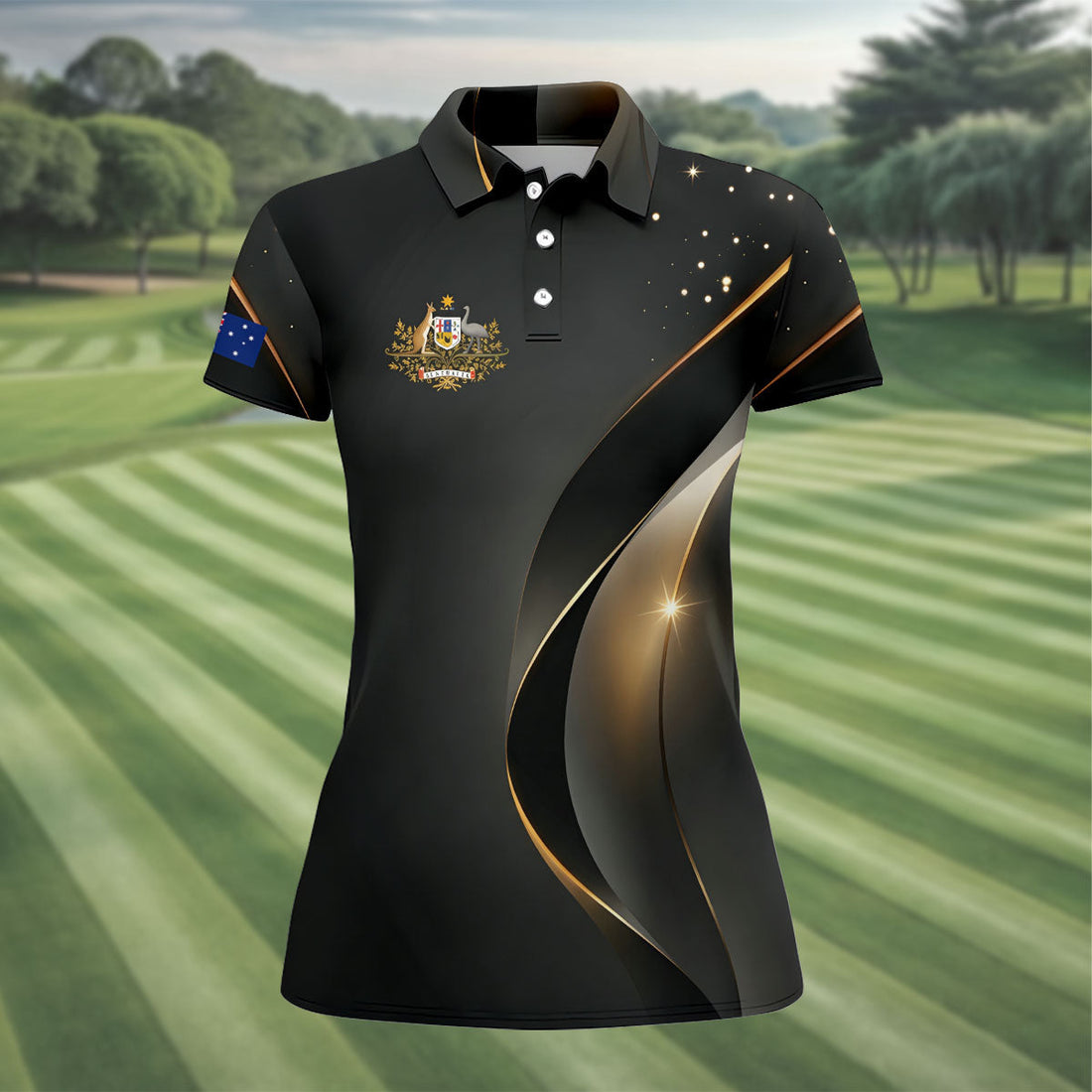 Australian Coat Of Arms Black And Gold Gradient Ladies Golf Tops, Golf Shirt For Women