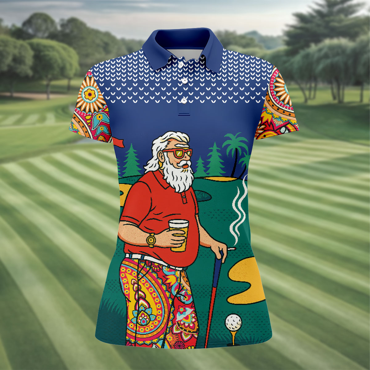 Funny Bearded Golfer With Beer And Paisley Sleeves Golf Polo, Golf Tops For Women, Ladies Golf Top