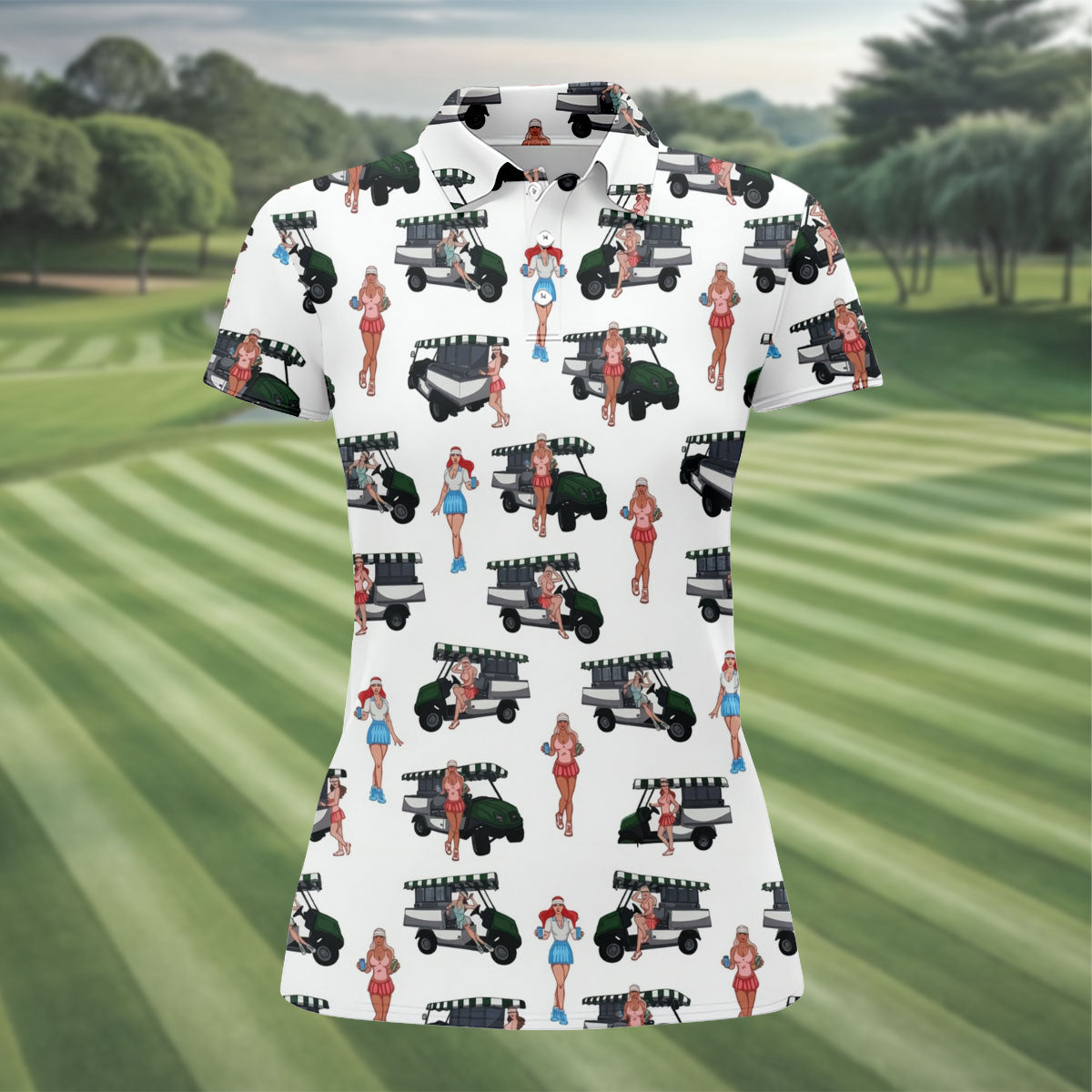 Golf Cart Girls Pattern Golf Polo Shirt, Ladies Golf Shirt, Women's Golf Apparel