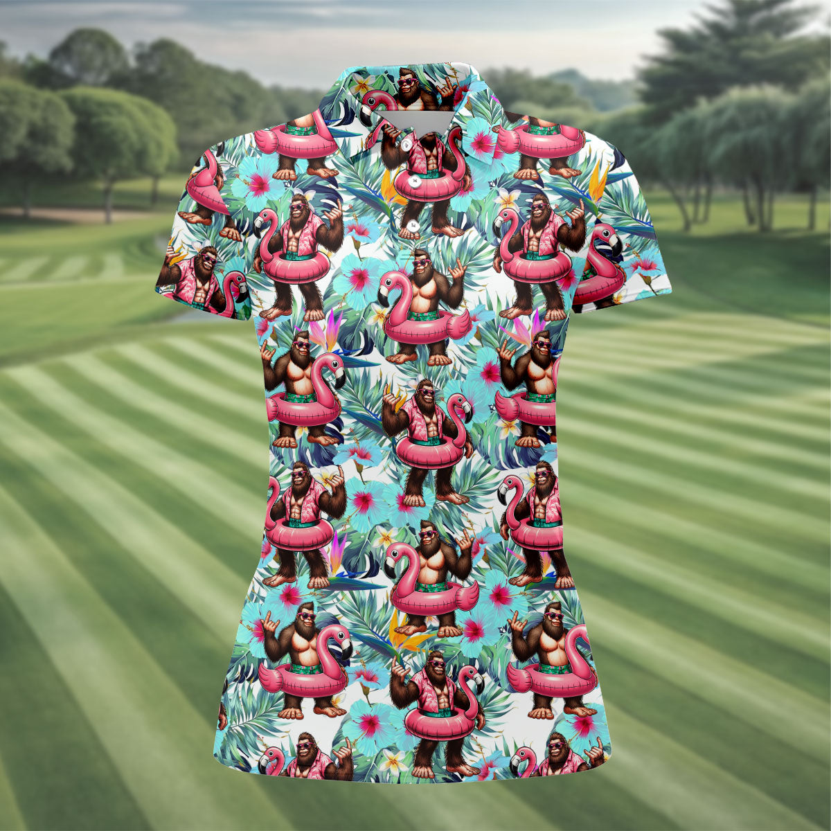 Funny Bigfoot Flamingo Float Tropical Golf Polo Shirt, Women's Golf Tops, Golf Polo For Women