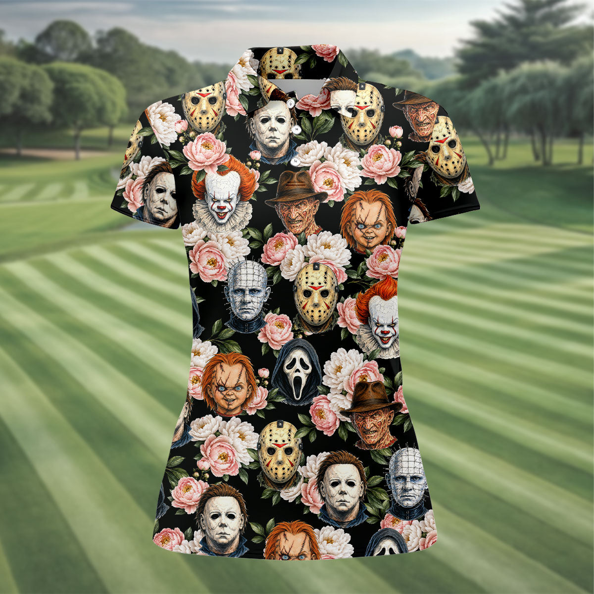 Horror Icons Floral Hawaiian Golf Shirt, Women's Golf Tops, Ladies Golf Shirts