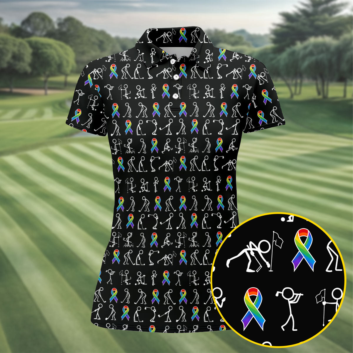Rainbow Cancer Ribbon Stick Figure Golf Pattern Shirt, Women’s Golf Polo, Ladies Golf Tops