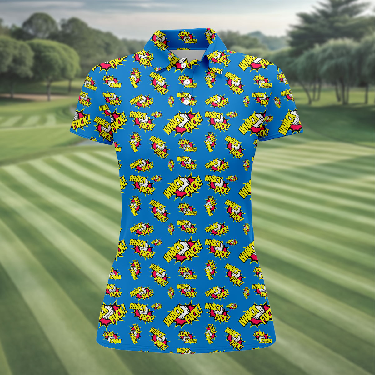 Whack Fuck Comic Golf Ball Pattern Golf Shirt, Women's Golf Tops, Golf Shirts For Women