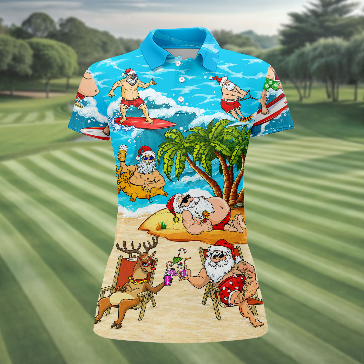 Funny Santa Beach Party Women's Golf Shirt, Christmas Golf Shirt, Women’s Golf Apparel