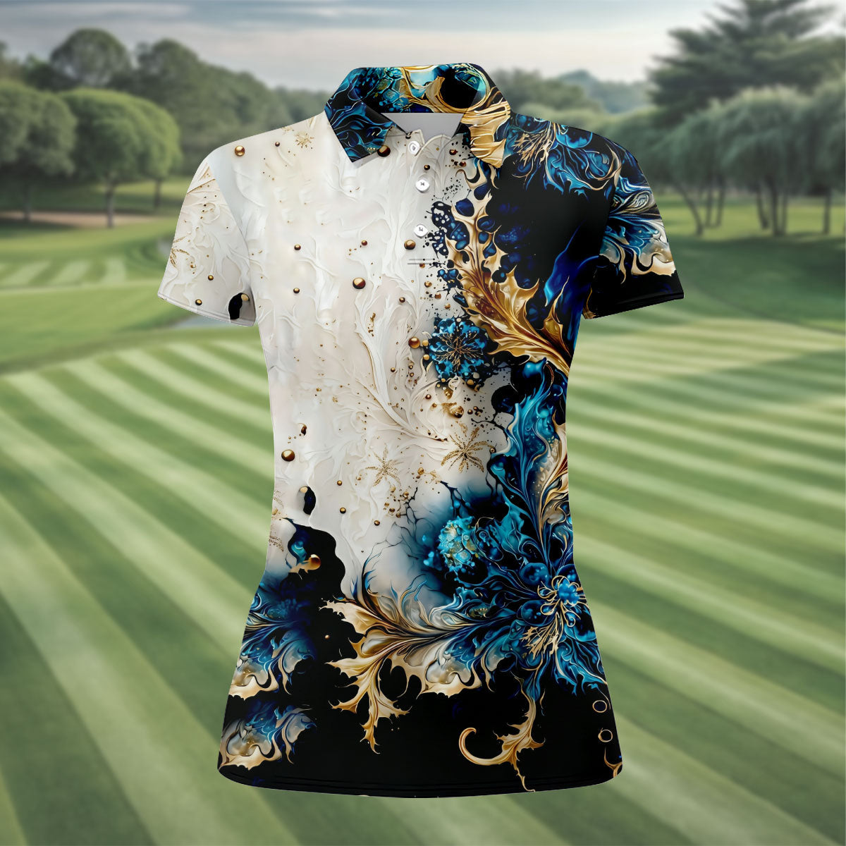 Metallic Flower Fractal Art Hawaiian Golf Shirt, Retro Golf Shirt, Women's Golf Tops