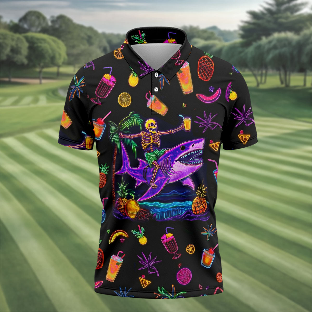 Neon Shark Beach Party Pattern Hawaiian Golf Shirt, Golf Shirts For Men, Polo Shirts For Men