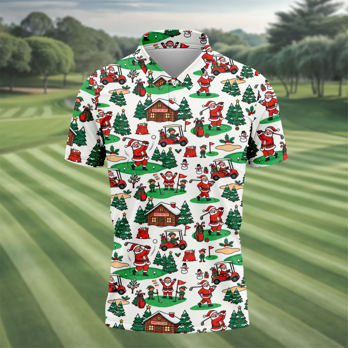 Santa Golf Cart And Elves Christmas Golf Shirt, Mens Golf Polo, Golf Shirts For Men