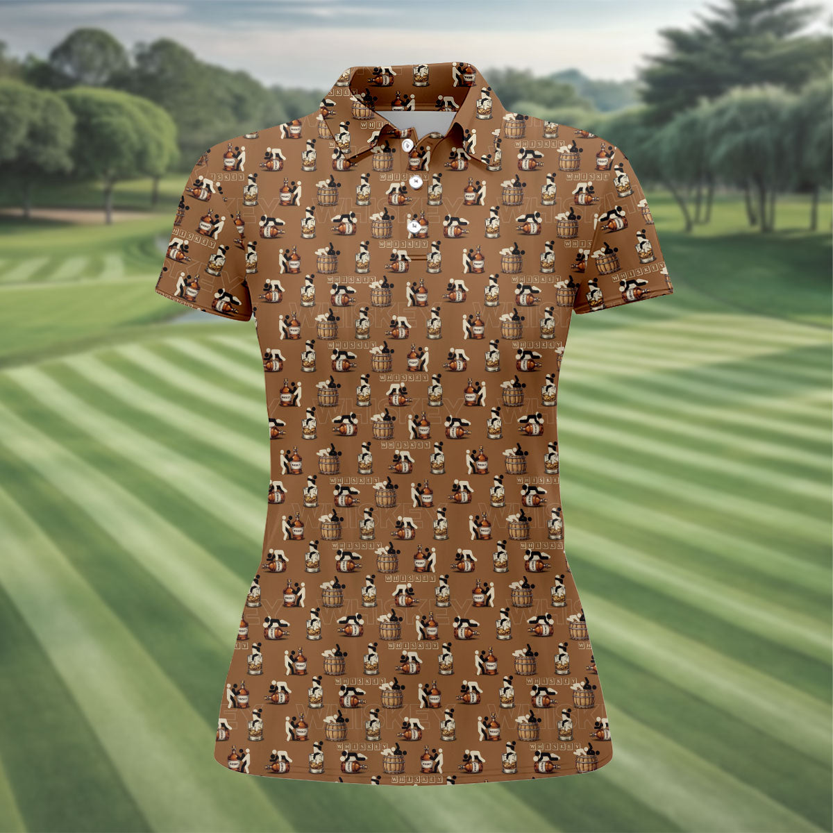 Brown Funny Whiskey Pattern Golf Polo Shirt, Ladies Golf Tops, Women's Golf Polo