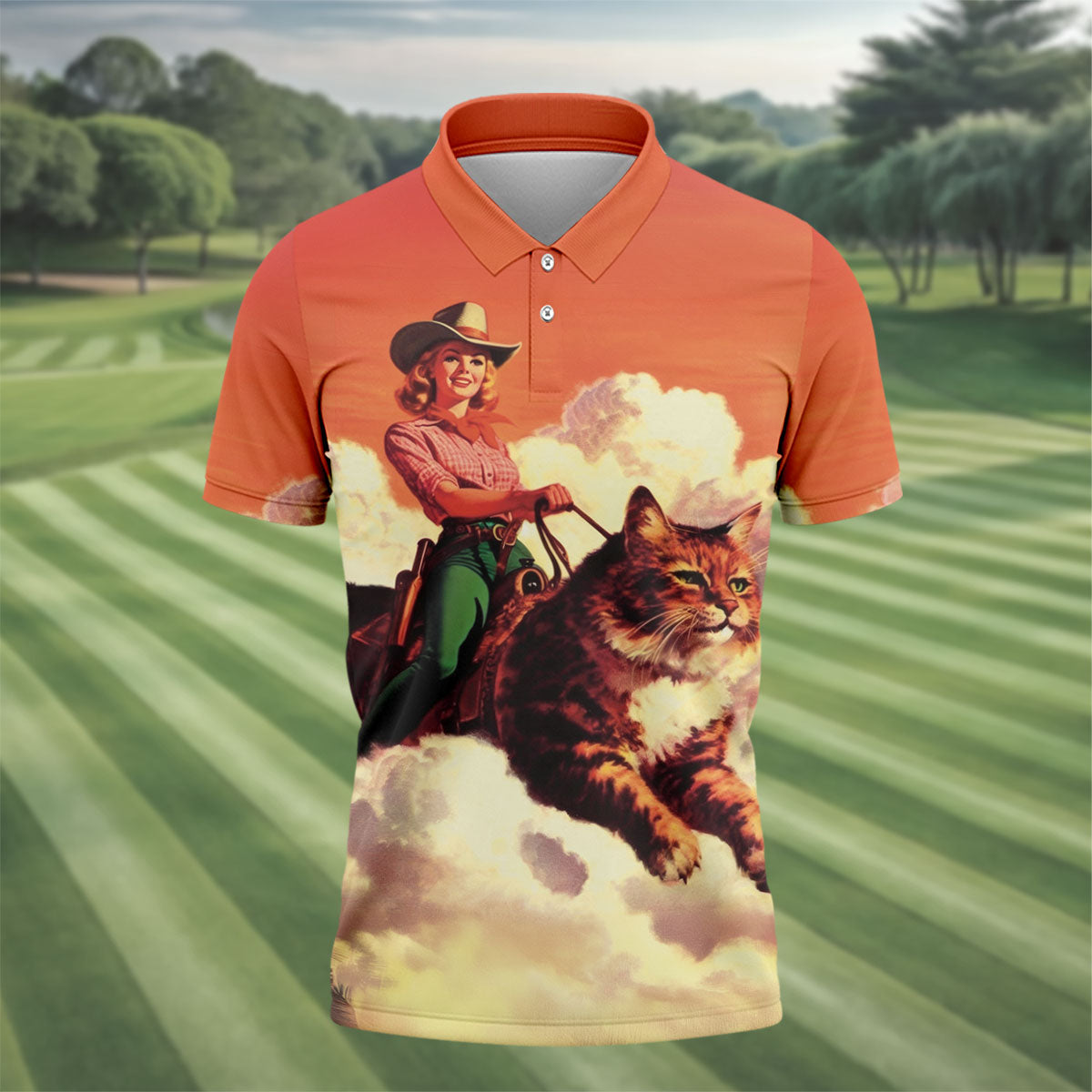 Orange Vintage Cowgirl Riding Giant Cat Golf Polo Shirt, Golf Shirts For Men, Hawaiian Golf Shirt