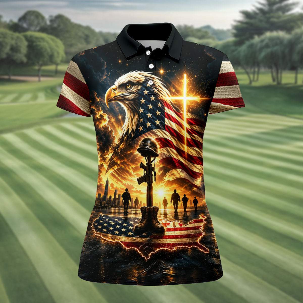 Eagle Cross Soldier Memorial Golf Polo Shirt, Womens Golf Tops, Veterans Day Shirt