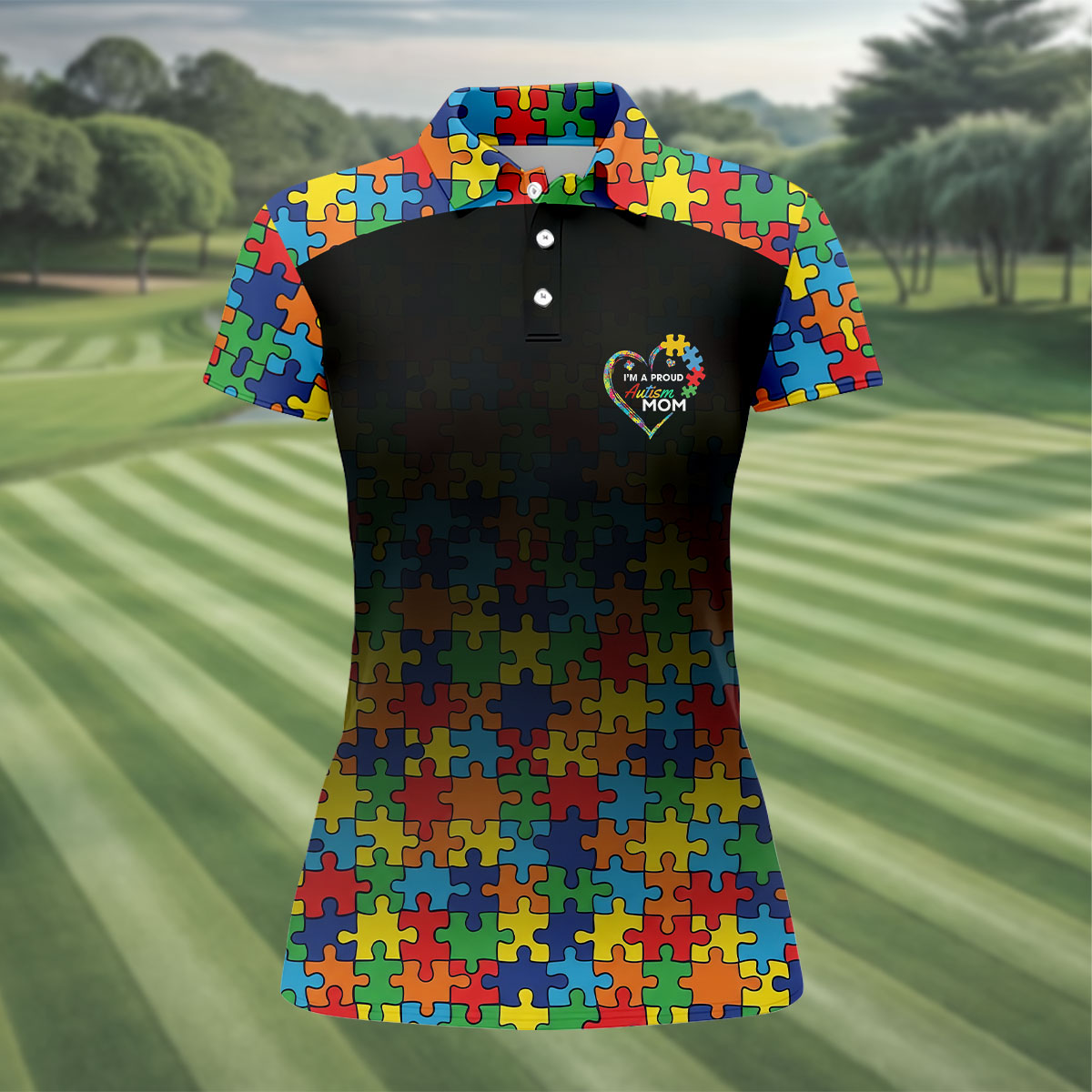 I'm A Proud Autism Mom Autism Awareness Puzzle Pattern Black Fade Women's Golf Tops, Golf Gifts For Mom