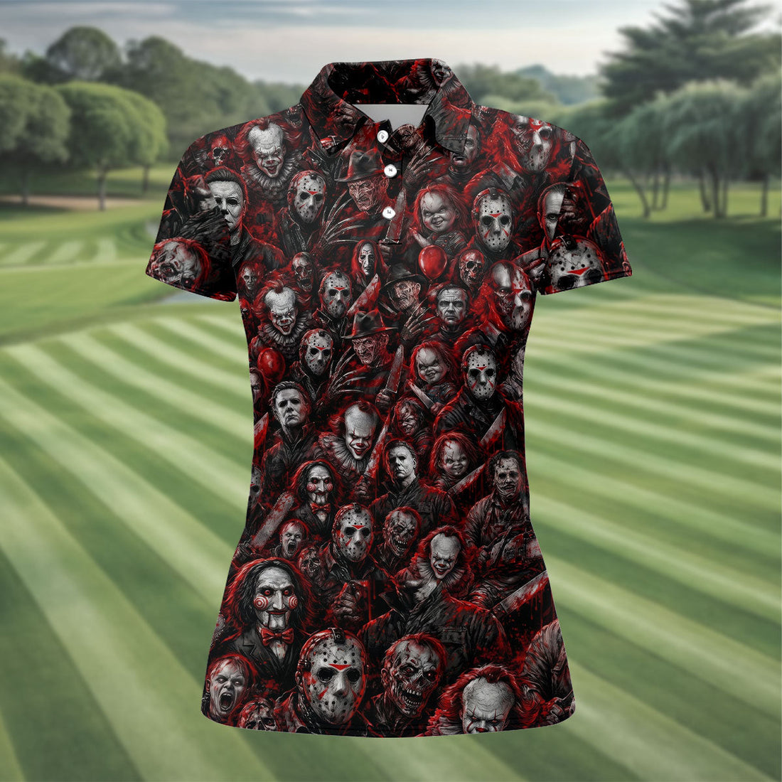 Red Horror Character Clown Collage Golf Polo Shirt, Womens Golf Tops, Ladies Golf Shirts
