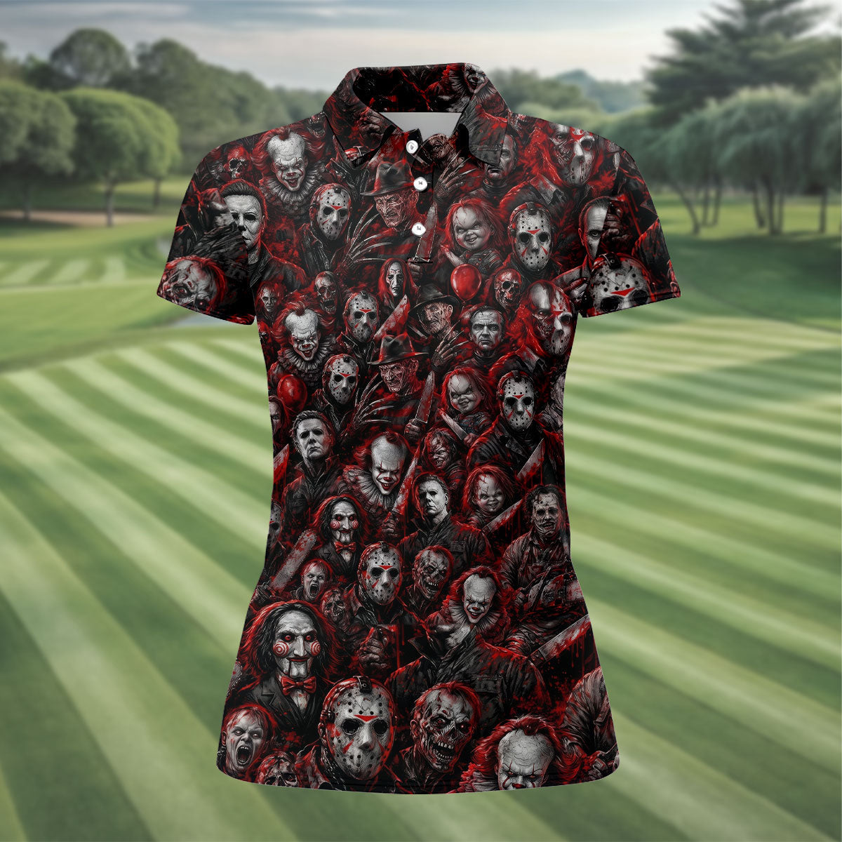 Red Horror Character Clown Collage Golf Polo Shirt, Womens Golf Tops, Ladies Golf Shirts
