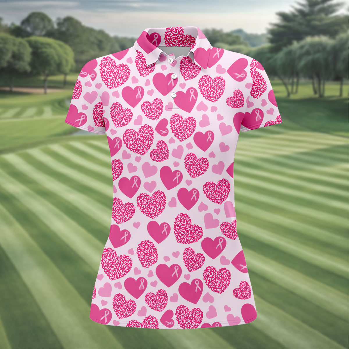 Pink Ribbon Heart Pattern Breast Cancer Polo Shirt, Women’s Golf Polo, Ladies Golf Shirts
