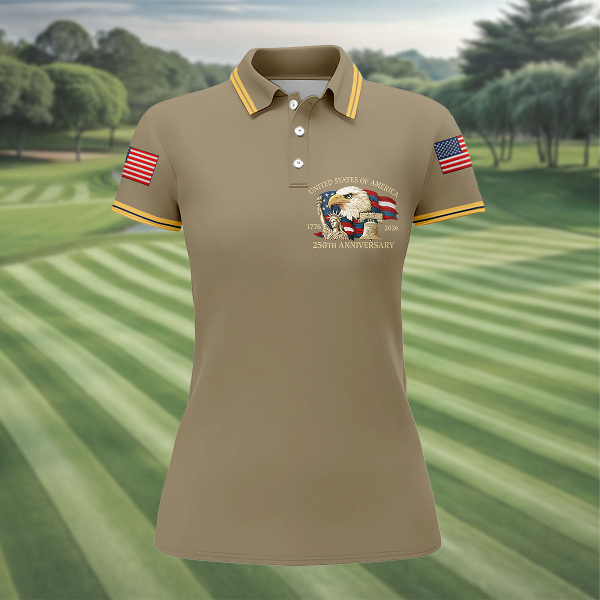 Bald Eagle American Flag 250 Years Sand Golf Shirt, Patriotic 4th Of July Golf Shirt For Women