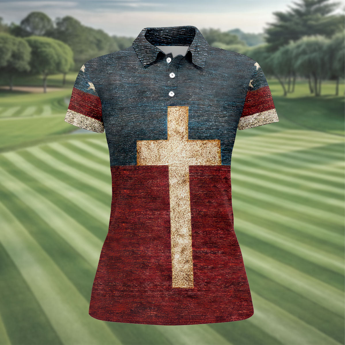 American Flag USA Faith Christian Cross Golf Shirt, Patriotic 4th Of July Golf Shirt For Women