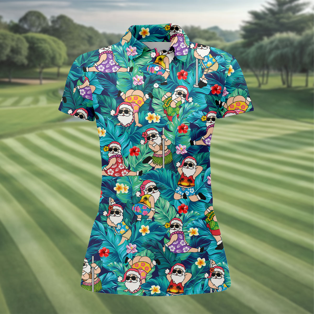 Funny Hula Santa Christmas Golf Shirt, Women's Golf Tops, Hawaiian Golf Shirt, Printed Golf Shirt