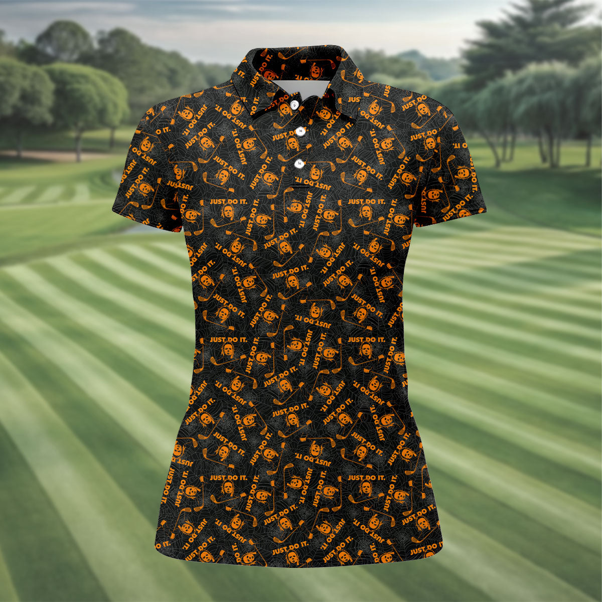 Horror Character Spider Web Pattern Halloween Polo Shirt, Women's Golf Tops, Golf Polo For Women