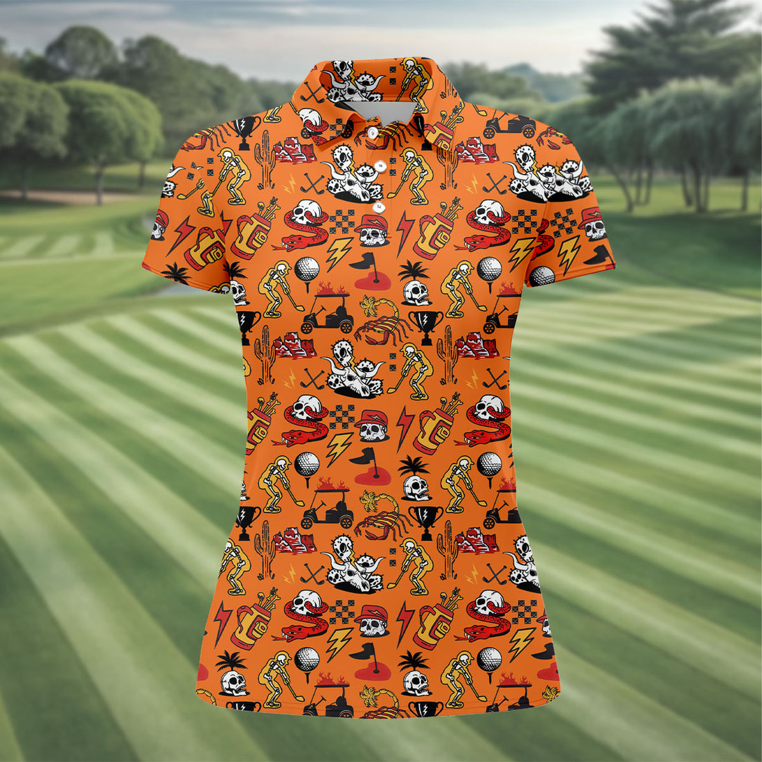 Horror Pattern Orange Halloween Women Golf Top, Halloween Gift Idea, Ladies Golf Shirts