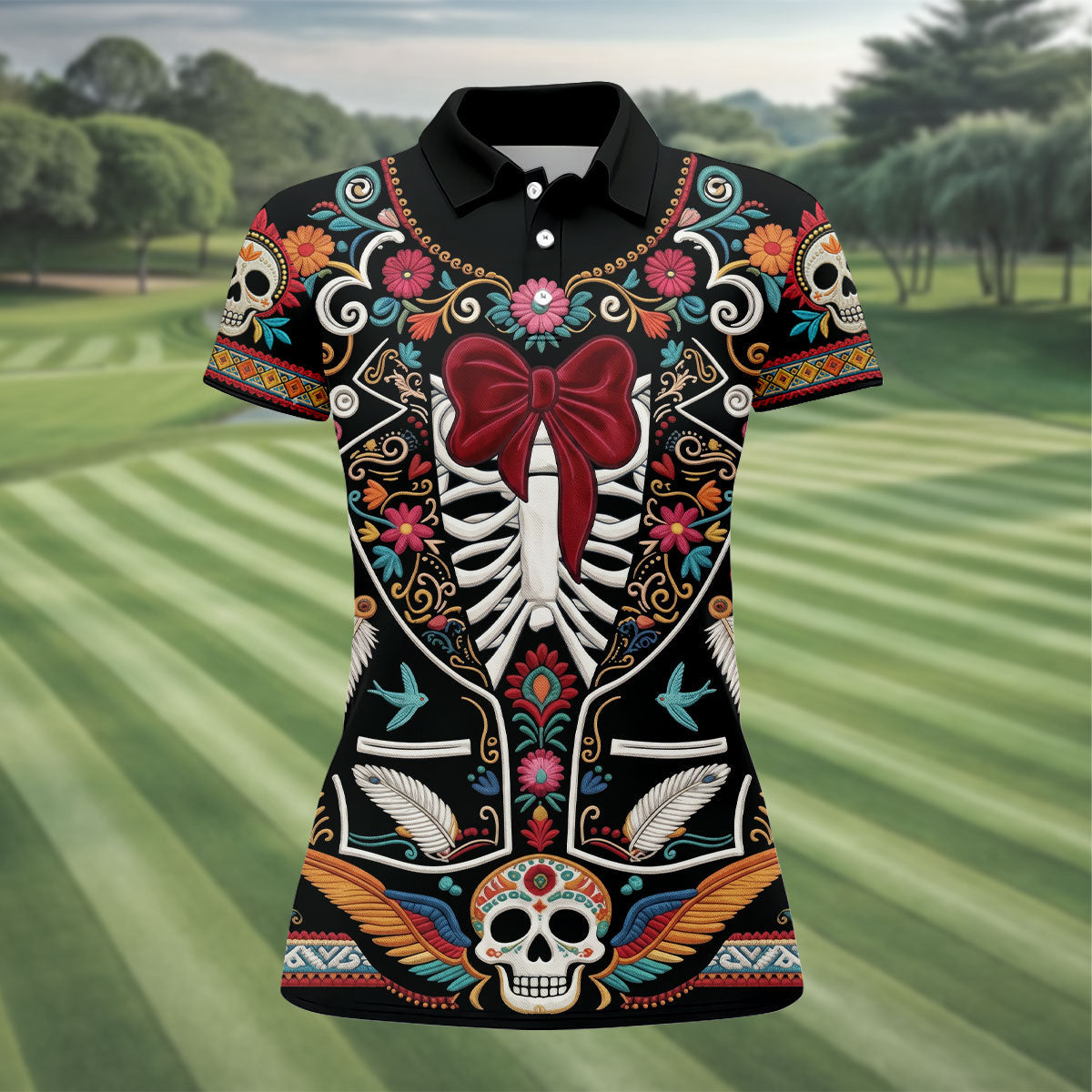 Skeleton With Flower Cinco De Mayo Celebration Ladies Golf Tops, Fiesta Theme Golf Shirt For Women
