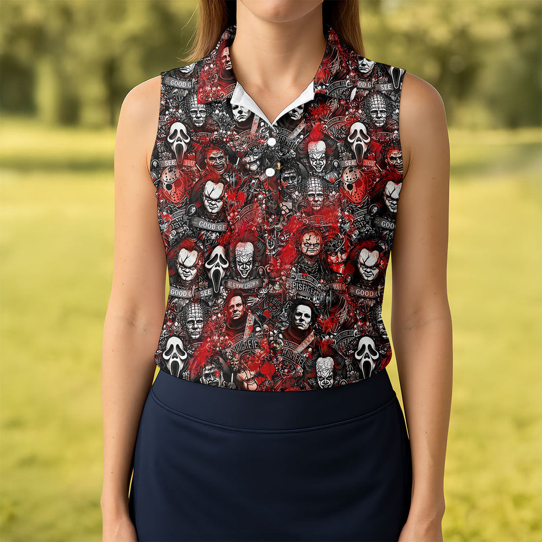 Red Horror Character Collage Halloween Golf Shirt, Women's Golf Polo, Printed Golf Shirt