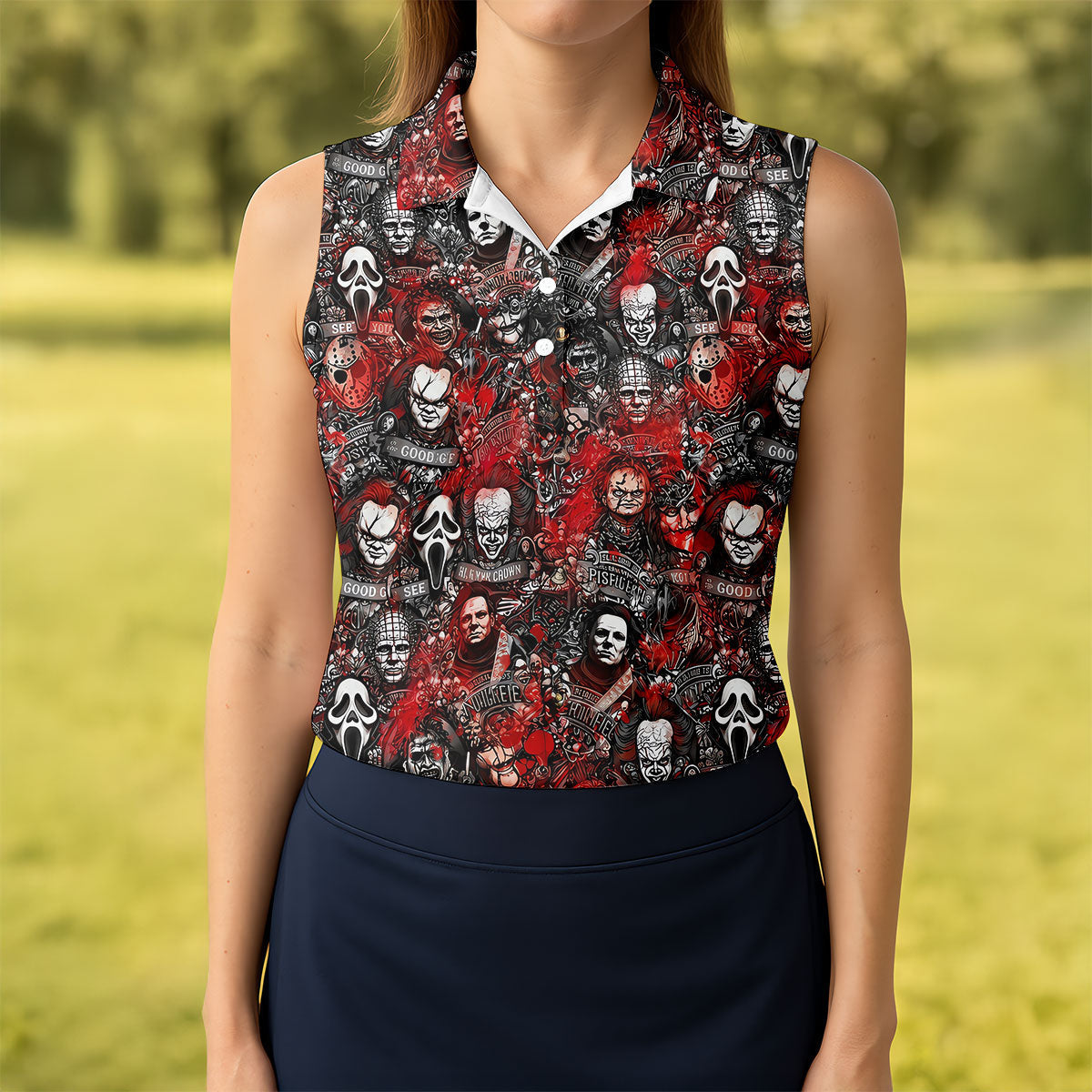 Red Horror Character Collage Halloween Golf Shirt, Women's Golf Polo, Printed Golf Shirt