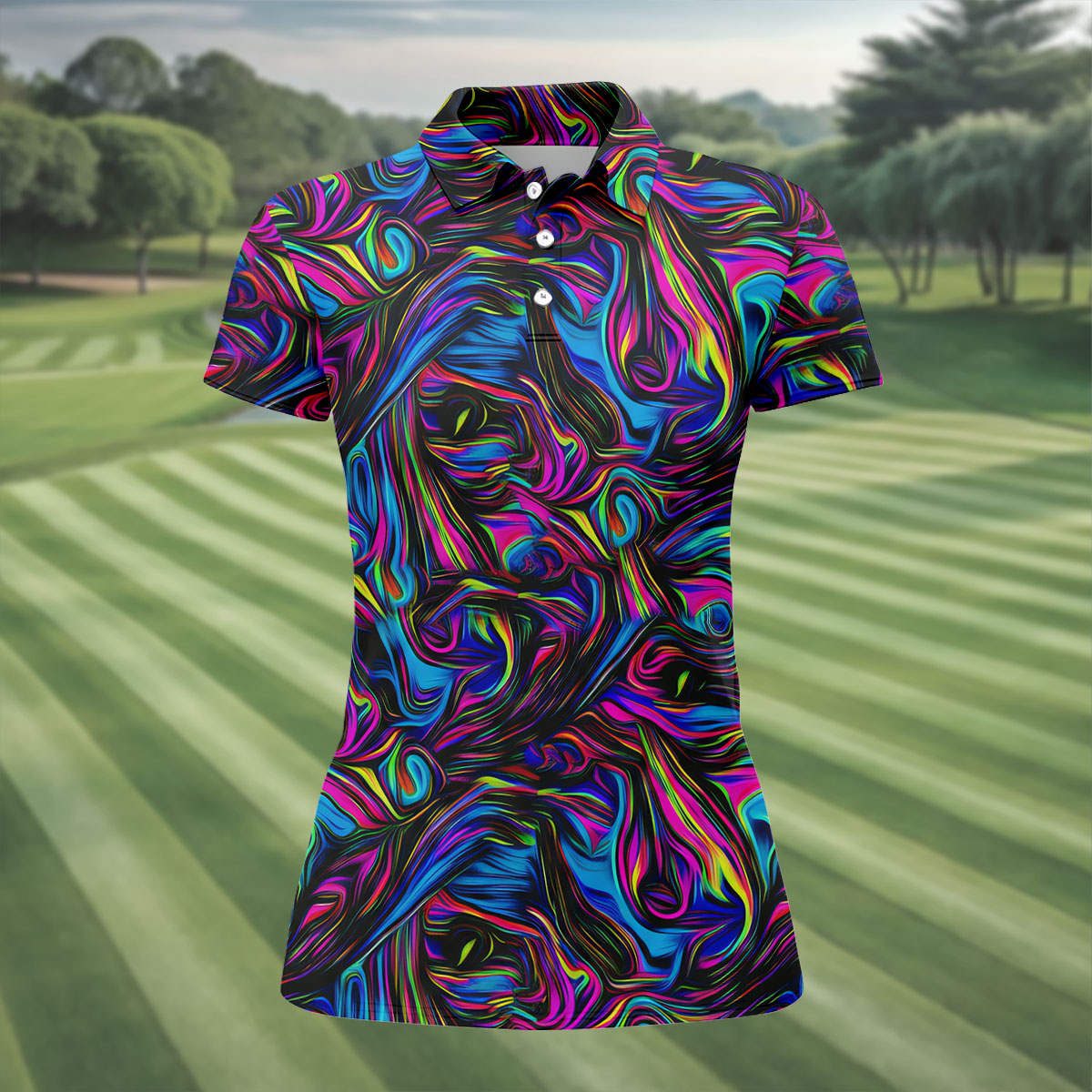 Vibrant Neon Liquid Marble Abstract Golf Shirt, Women’s Golf Tops, Women’s Golf Apparel