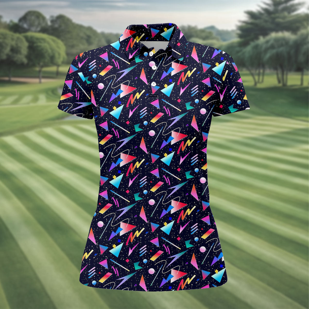 Retro Memphis Geometric Pattern Golf Polo Shirt, Women's Golf Tops, Golf Polo For Women
