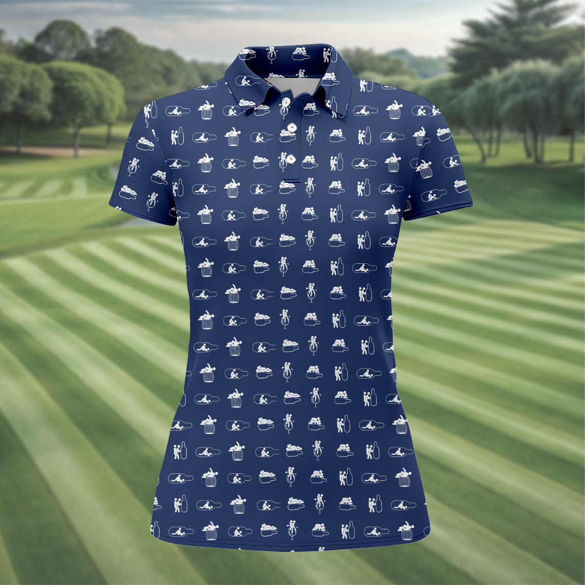 Navy Funny Adult Drinking Pattern Golf Polo Shirt, Golf Tops For Women, Ladies Golf Tops
