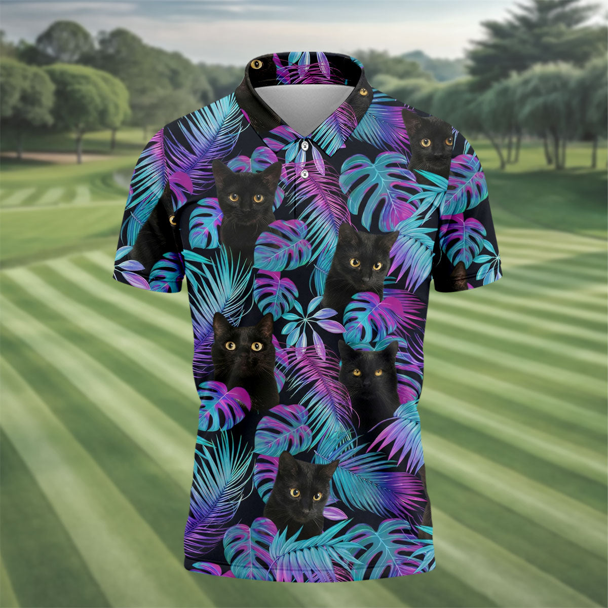 Funny Black Cat Purple Blue Gradient Hawaiian Golf Shirt, Golf Shirts For Men