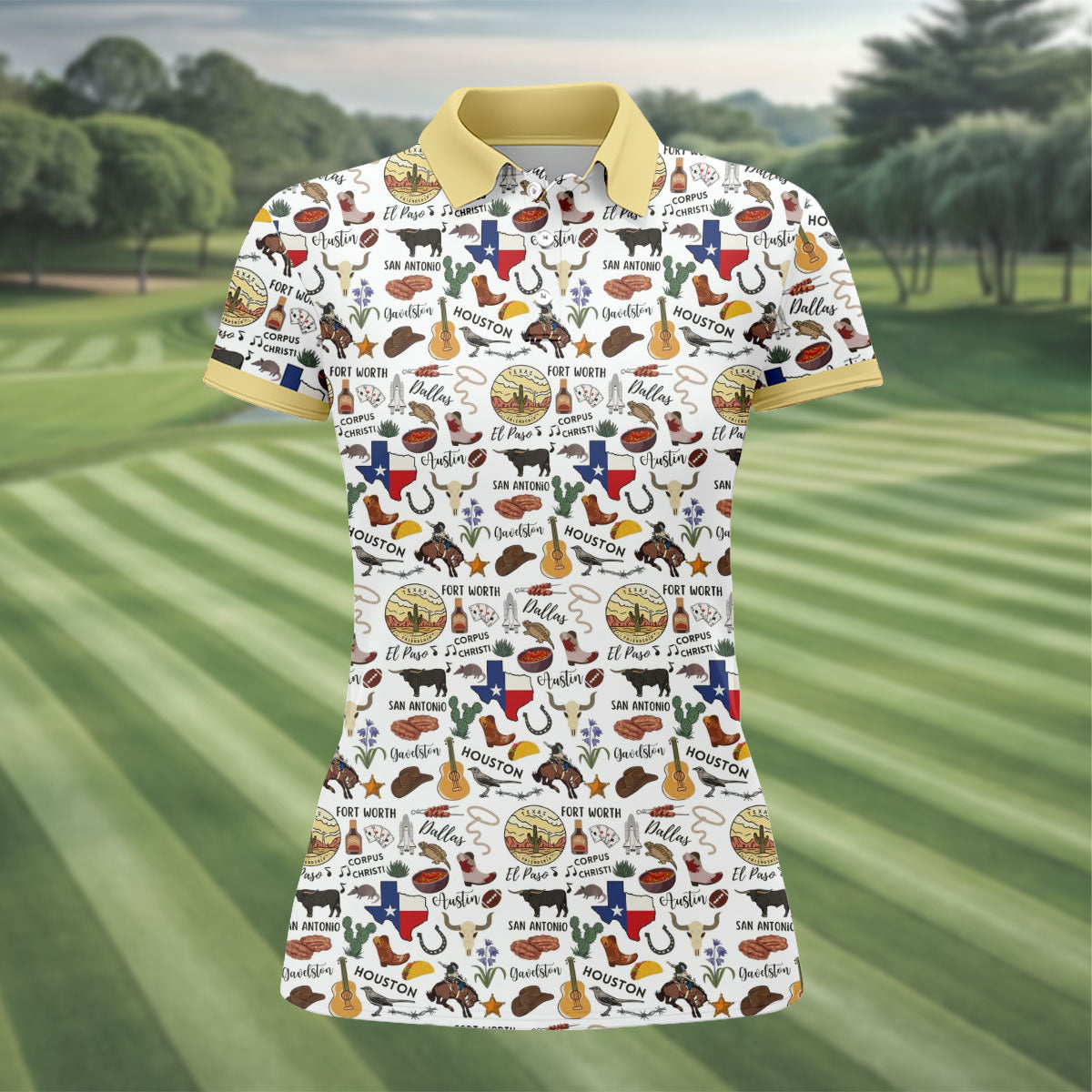 Texas Symbols Western Theme Doodle Style Women Golf Top, Ladies Golf Shirts, Golf Shirt For Women