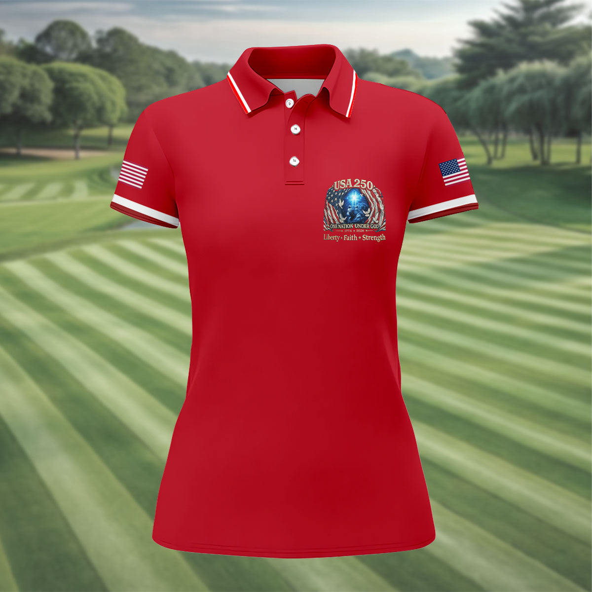 One Nation Under God Faith Cross USA 250 Logo Red Golf Shirt, 4th Of July Golf Shirt For Women