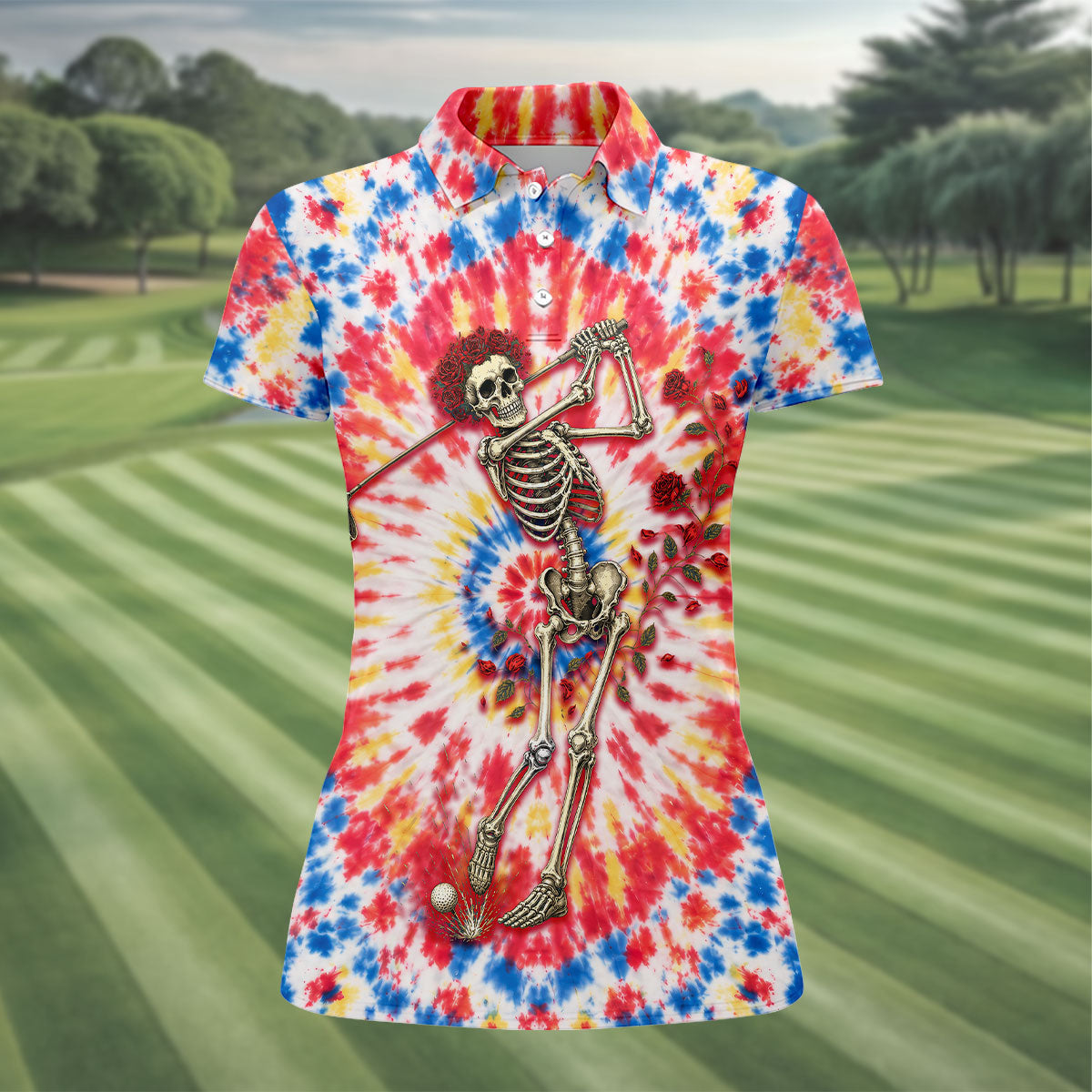 Skeleton Golfer Tie Dye Polo Shirt, Women's Golf Polo, Golf Shirts For Women