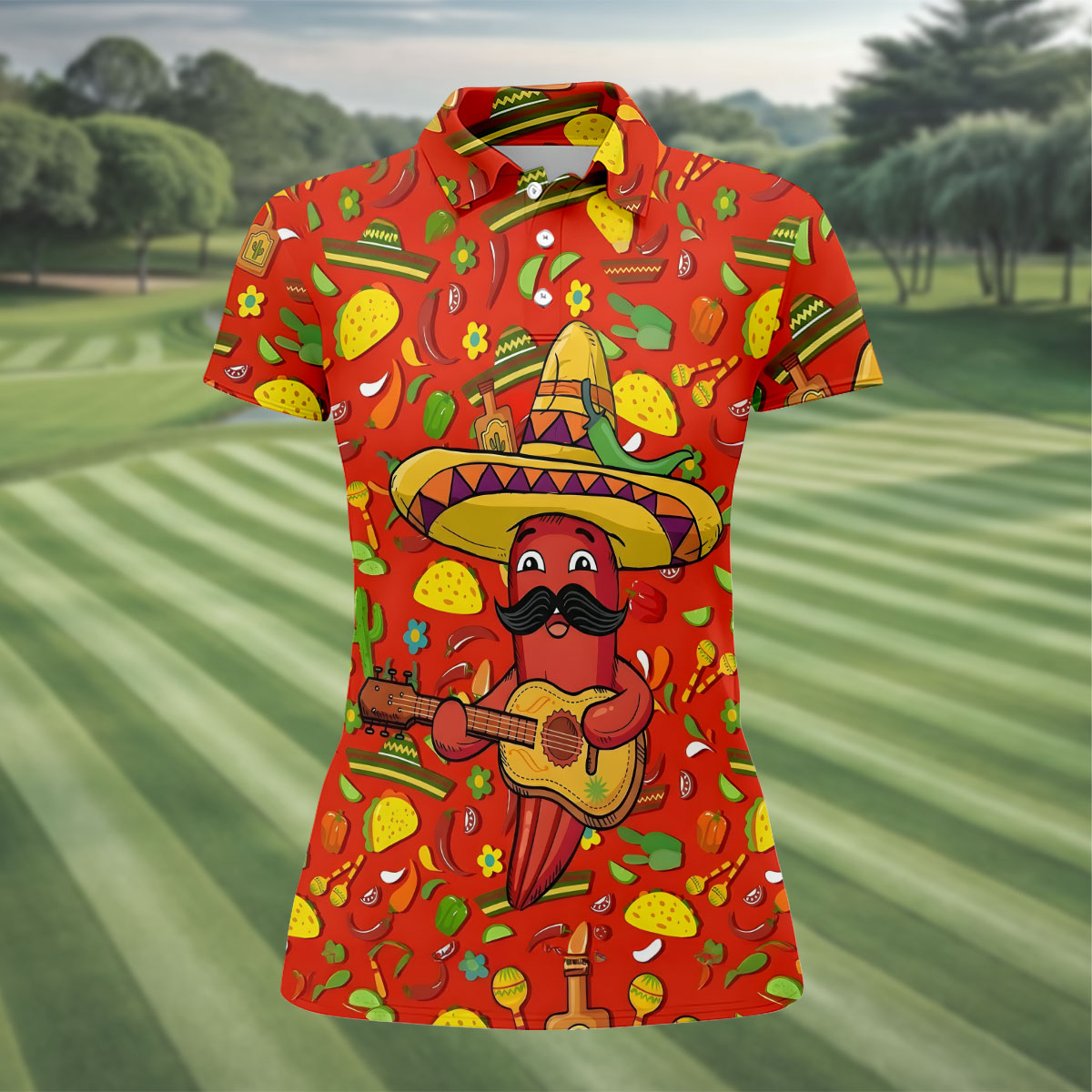 Cartoon Chili Pepper Mexican Guitar Cinco De Mayo Celebration Fiesta Themed Golf Shirt For Women